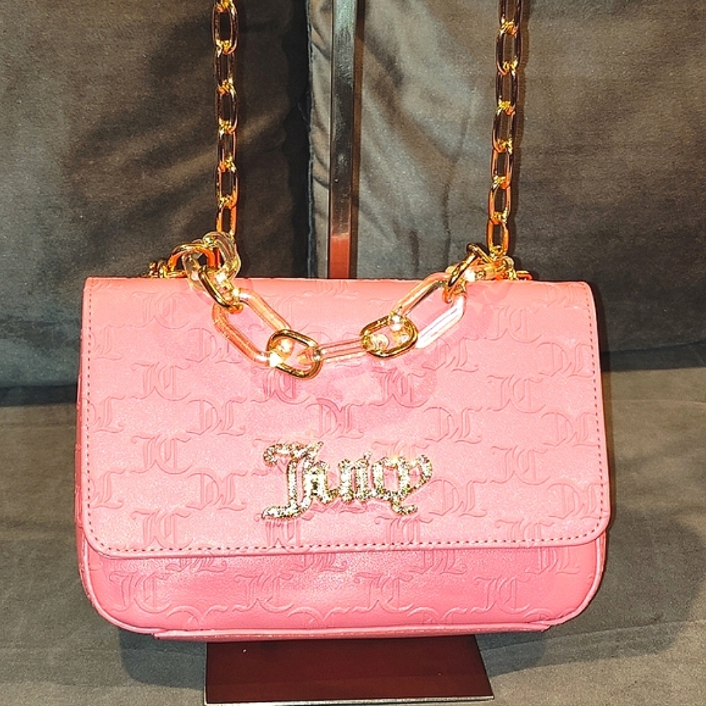 NWT JUICY COUTURE BLING BLING FLAP PINK LEMONADE MONOGRAM EMBOSSED SHOULDER BAG